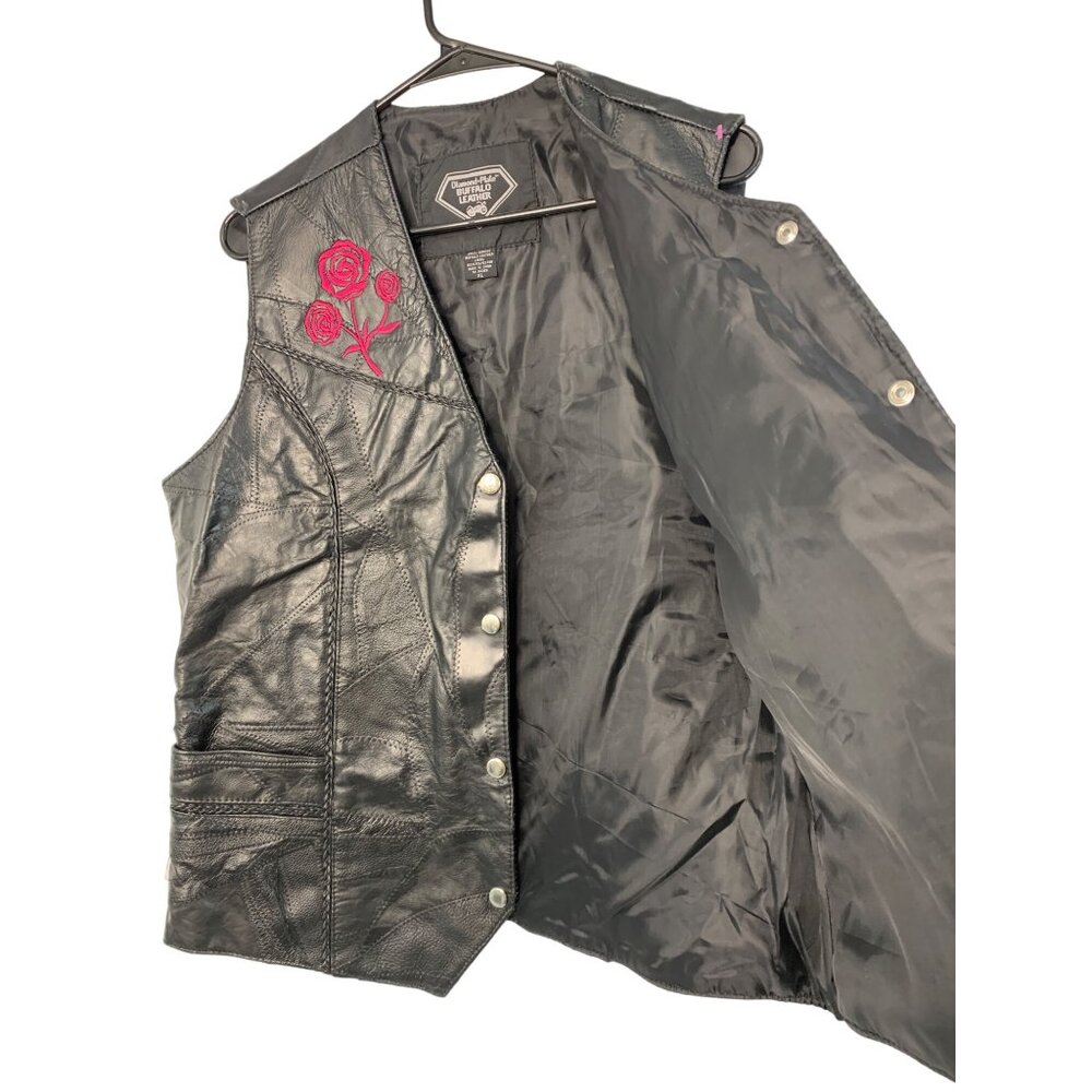 Moto Vtg Diamond Plate Buffalo Leather Vest Red R… - image 3